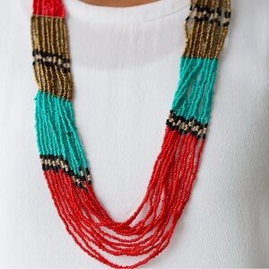 Red, Turquoise, Brass Seed Bead Necklace
